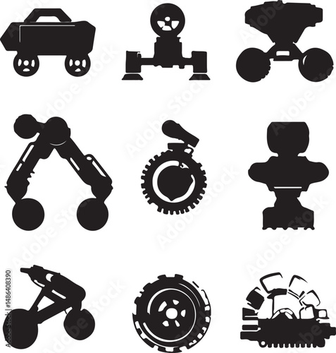 Black Silhouette Vector Art: Collection of Robot and Vehicle Icons