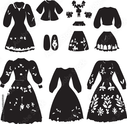 Vintage Dress Silhouettes: Floral Patterns, Retro Fashion Design Elements