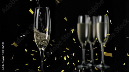 Champagne flute being filled with sparkling wine in 3D render, rising bubbles and gold confetti