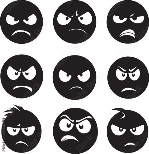 Angry Black and White Emoticons Vector Graphics Set of Nine Faces