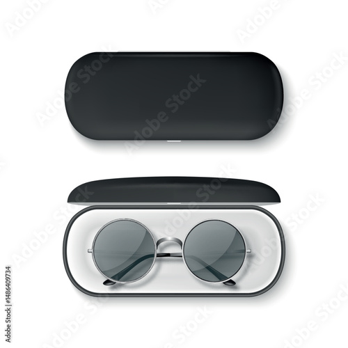 Vector 3D Realistic Round Sunglasses with Metal Frame and Hard Black Case. Stylish Vintage Eyeglasses in Open and Closed Protective Case. Design Template for Optics, Fashion, Eyewear Branding