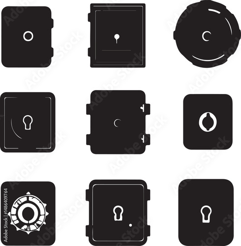 Safe Door Icons: Black and White Vector Illustrations Set