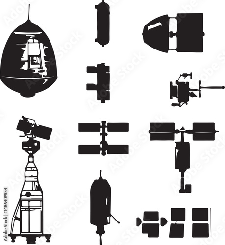 Spacecraft Silhouettes: Rocket, Satellite, Space Station Vector Graphics