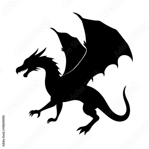 Dragon silhouette mythical creature fantasy beast winged reptile black vector art illustration design graphic element