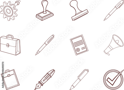 Office themed icons showcase gear, stamps, pens, briefcase, document, megaphone, and check mark transparent