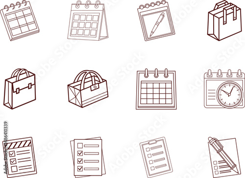 Outline icons representing calendars, shopping bags, checklists, and a notebook give organization tools