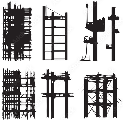 Construction Silhouettes: Building Scaffolding and Crane Vector Art