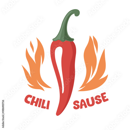 Spicy Chili Pepper With Flames Hot Sauce Logo. Fiery Chili Pepper Illustration For Spicy Food Branding. Chili Pepper Vector Art with Fire for Hot Sauce Label, Icon For Mexican Cuisine