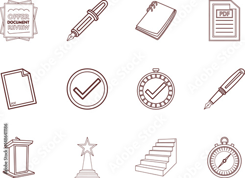 Outlined icon set shows a fountain pen, notebook, and checkmark for professional usage