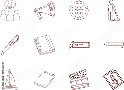 Various communication and writing icons showcase group discussion, editing, film slate, and data import symbols