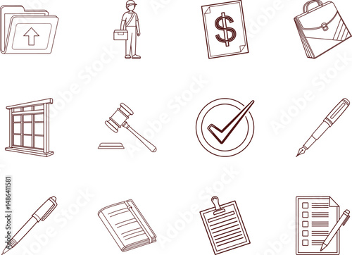 Linear icons depict business themes like document upload, financial goals, and successful project completion