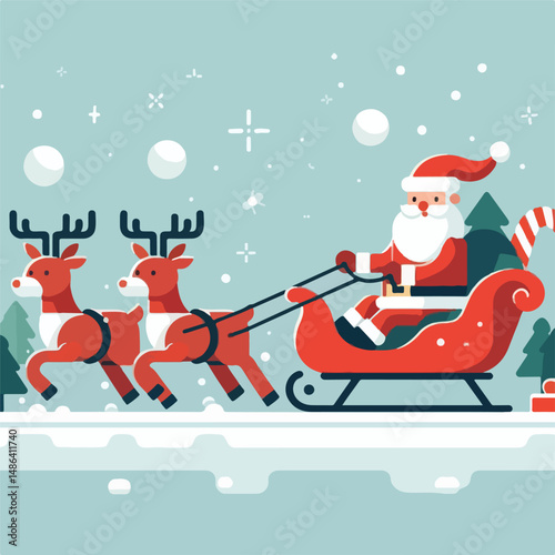 vector image of santa claus with reindeer sleigh