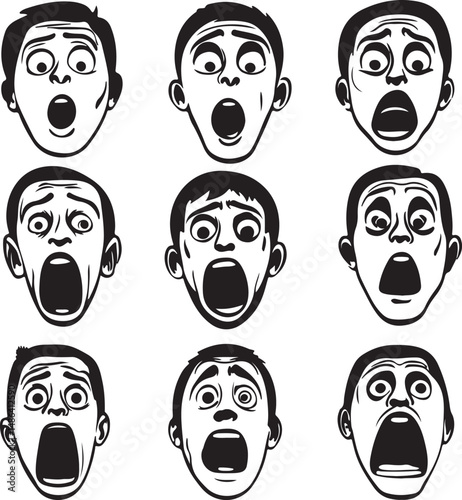 Nine Screaming Faces Vector Illustration in Black and White