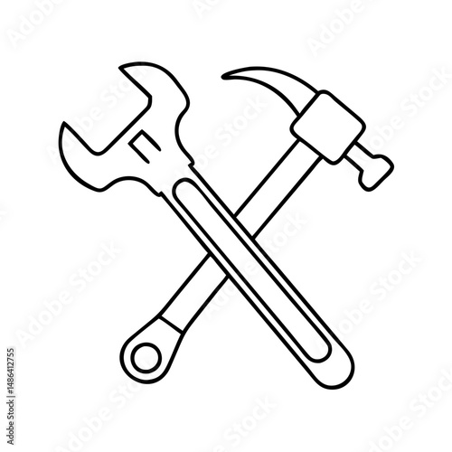 Wrench and hammer crossed outline vector illustration for construction repair and handyman services