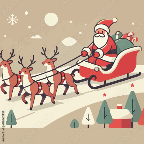 vector image of santa claus with reindeer sleigh