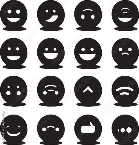 Black Smiley Face Icons Set: Minimalist Vector Emotions Design