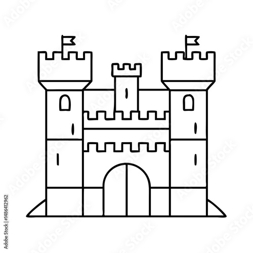 Download outline drawing of a medieval castle with towers, flags, and gate vector illustration for free