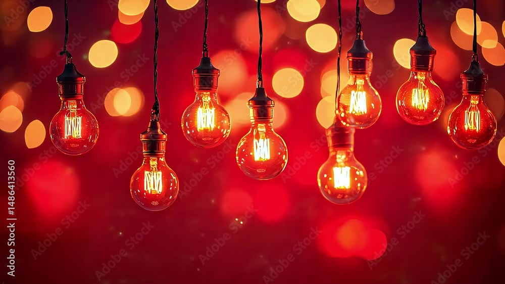 Hanging light bulbs glowing against a red bokeh background