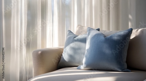 Soft blue cushions on beige sofa sunlight through sheer curtains home decor