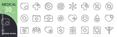Medical related icon collections. Containing Medical, Health, Doctor, Hospital, Medicine, First Aid, Ambulance, Stethoscope, Diagnosis, and Treatment icons. Editable Stroke . Outline icon.
