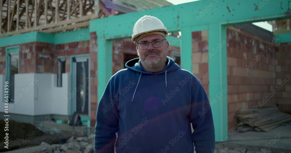Construction worker standing at building site, professional posing in front of ongoing project, proud construction industry worker at work location, determination and pride