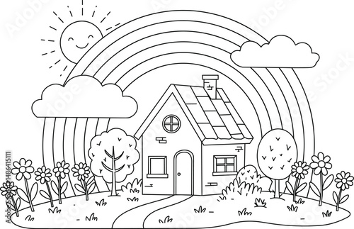 rainbow and house coloring page for kids.
