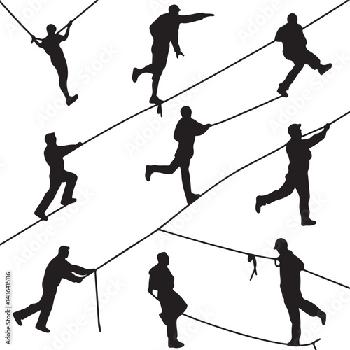Silhouettes of People Balancing on Tightropes: Black and White Art