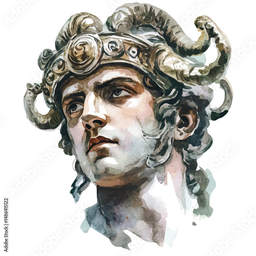 watercolor of Greek Hero Perseus With Medusas Head, vector high quality, isolated on a white background.