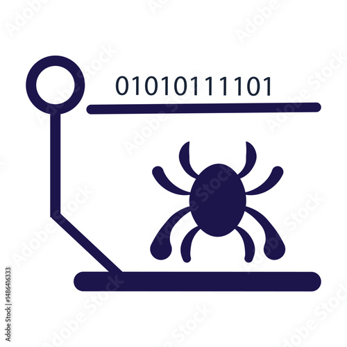 Flat vector icon of a computer bug and binary code. Concept of malware, hacking, computer virus, and cybersecurity threat in digital systems. Simple dark symbol on white background.