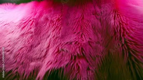 Abstract pink artificial fur background with long fibers and a gradient transitioning to dark shades, creating a soft and textured surface