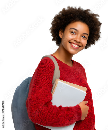 Teenage African-American girl smiling and carrying backpack, back to school, isolated on white or transparent background