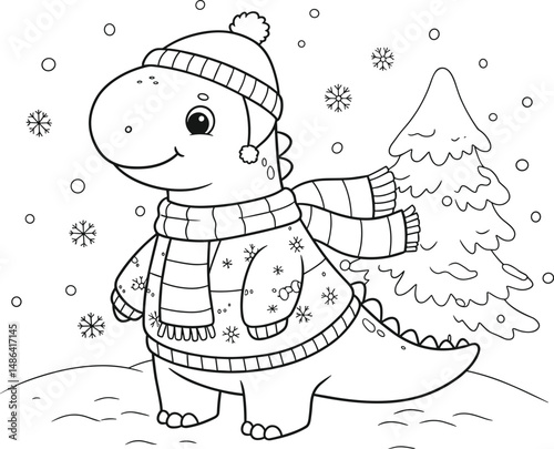 a4 christmas winter colouring sheet, cute cartoon dinosaur.