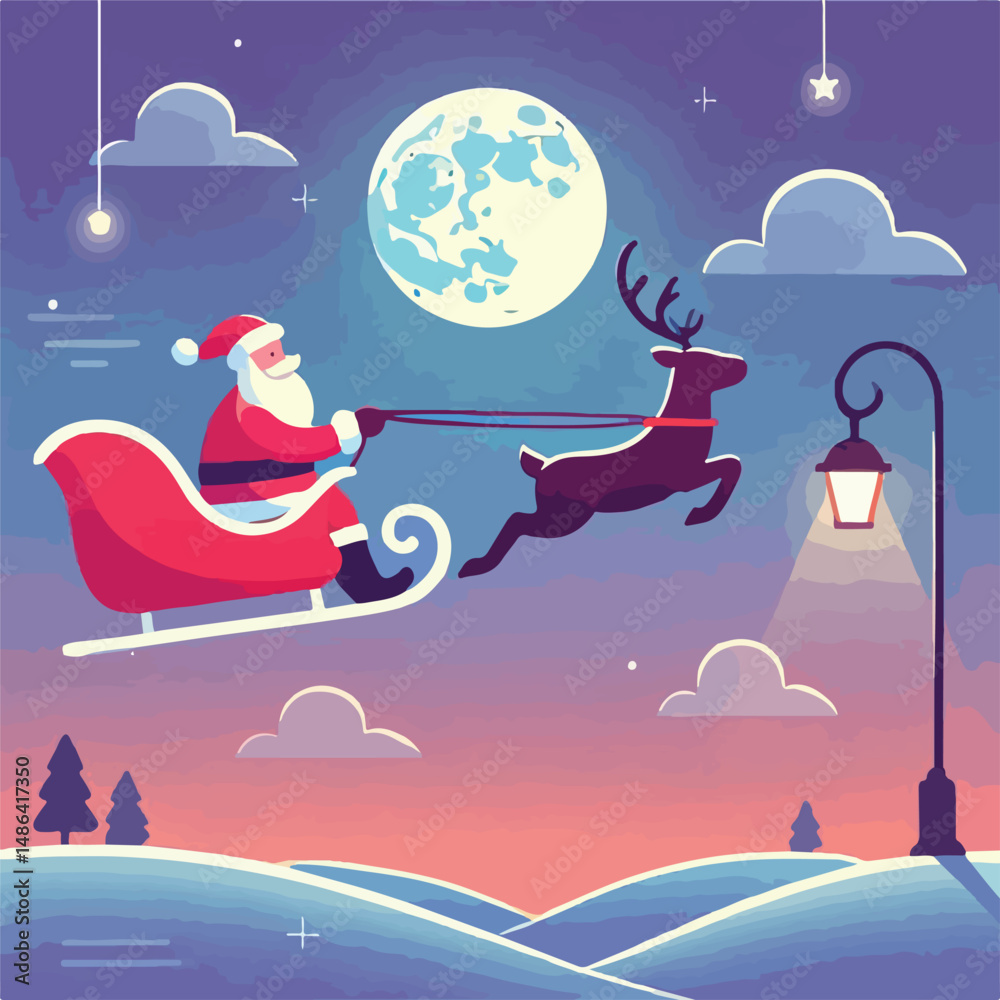 Naklejka premium vector image of santa claus with reindeer sleigh
