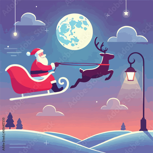 vector image of santa claus with reindeer sleigh