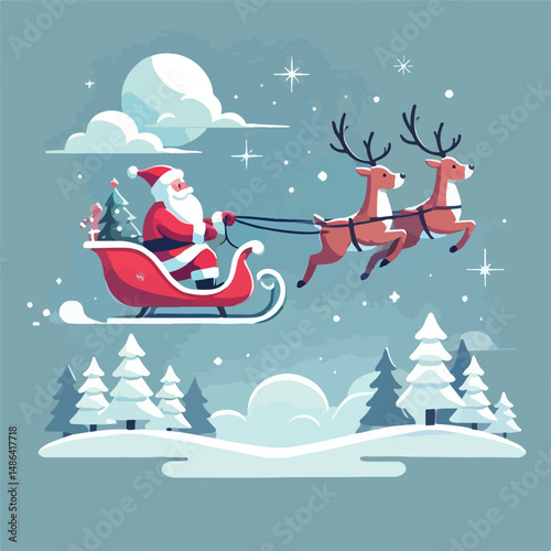 vector image of santa claus with reindeer sleigh