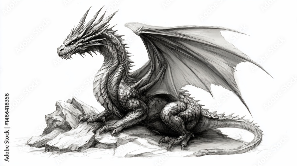 Obraz premium Majestic dragon resting on rocks