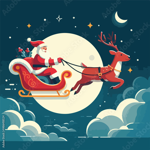 vector image of santa claus with reindeer sleigh