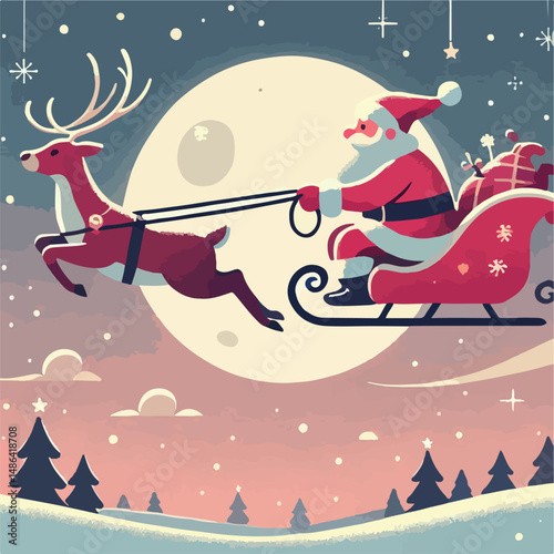 vector image of santa claus with reindeer sleigh