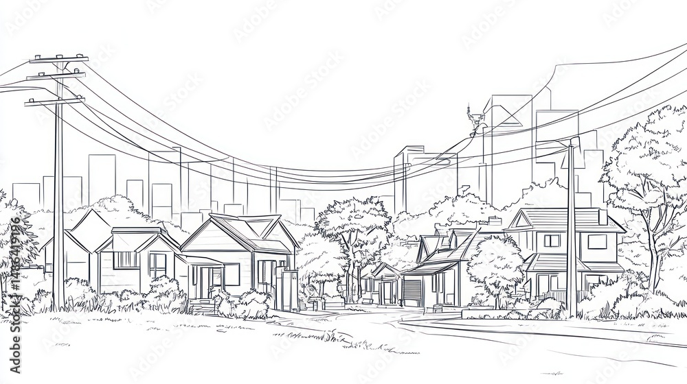 Fototapeta premium Sketch of a residential street with utility poles and city skyline in the background. Possible use Stock image for urban planning, architectural presentations, or illustrating residential areas
