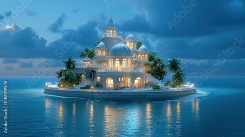 Island mansion surrounded by water and palm trees at twilight.