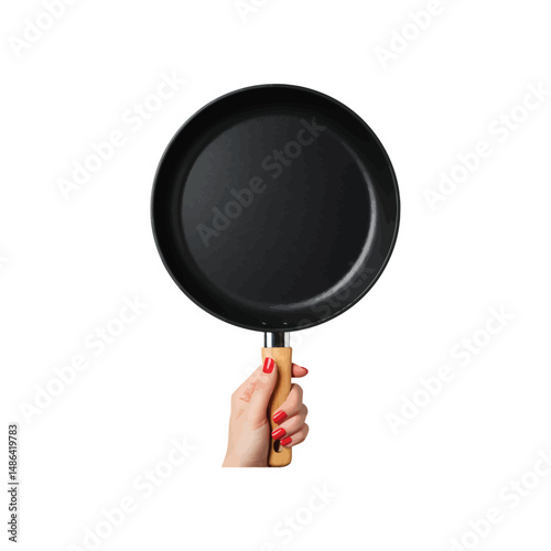 "Black Nonstick Frying Pan Held by Hand – Kitchen Cookware Isolated on White Background"