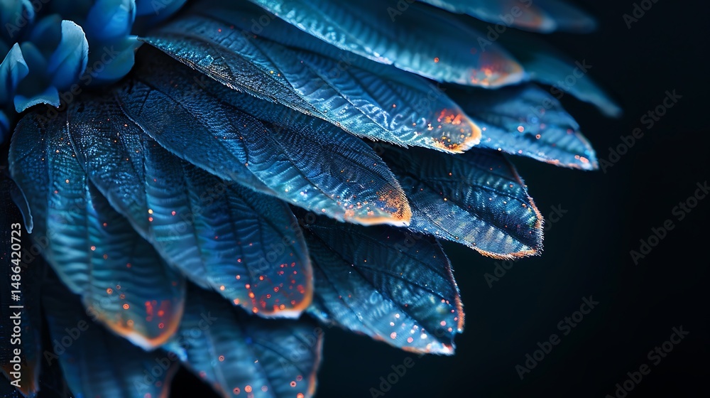Obraz premium Close up of a blue flower petal with orange accents against a dark background