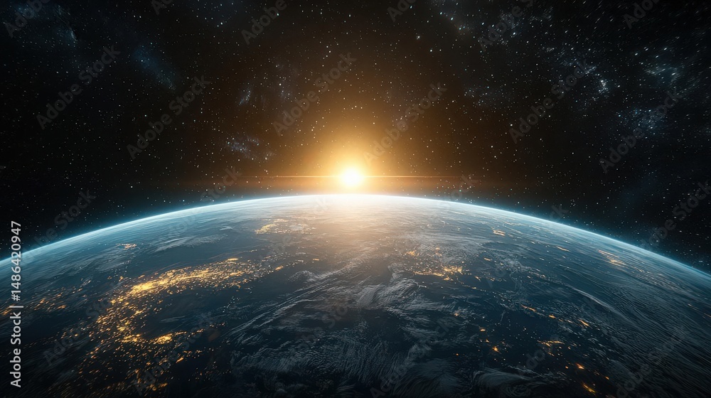 Obraz premium Sunrise over Earth with a starry backdrop in space.