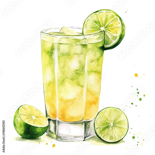 Glass Of Lemon Lime Juice With A Citrus Zest, watercolor drawing vector, high quality, isolated on a white background.
