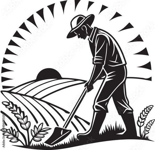 A Farmer Working in His Field at Sunset Black and White Illustration