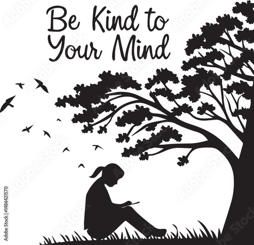 Silhouette of a Girl Reading Under a Tree with Be Kind to Your Mind Text