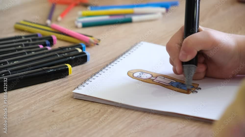 Child, teenager coloring funny sketch picture. Hand drawing a person, girl anime style sketch, creating and coloring with alcohol based sketch drawing markers. Comic book. Anime. Youth culture