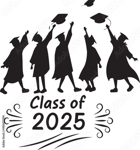 Silhouette of graduating class of 2025 throwing caps in the air
