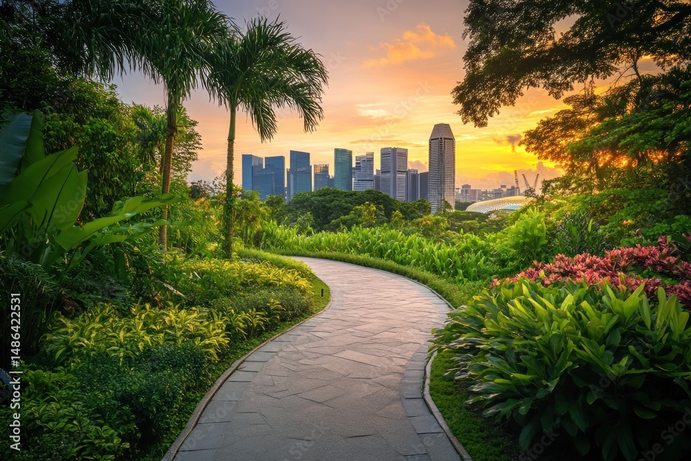 Obraz premium Serene Sunset Stroll: Cityscape and Garden Harmony