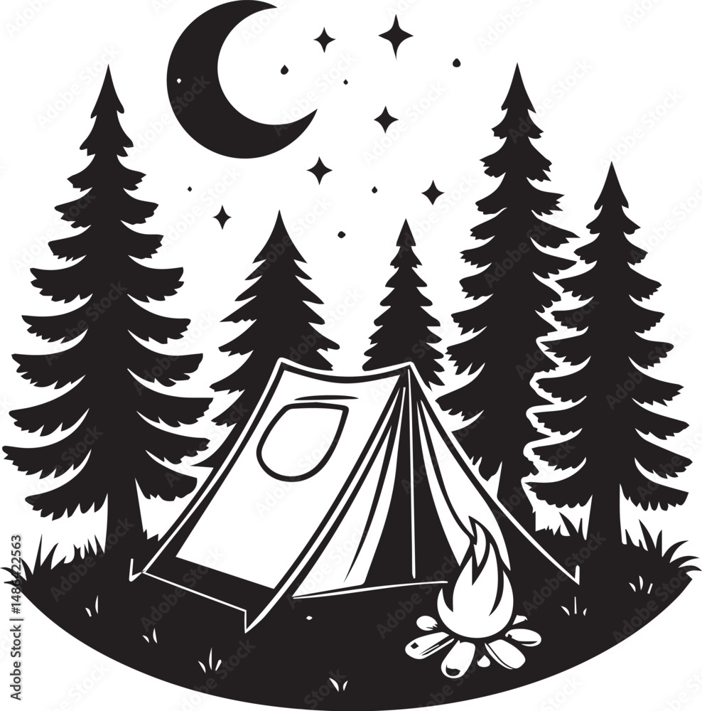 Obraz premium Night Camping Scene with Tent Campfire and Pine Trees Under the Crescent Moon